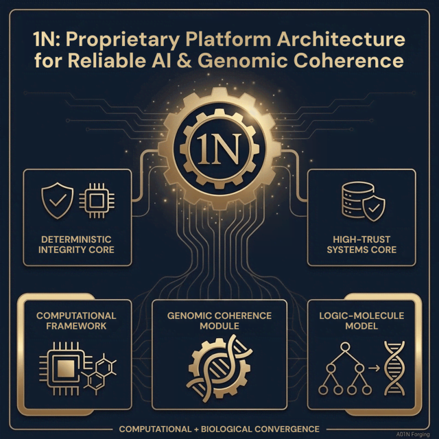 The 1N proprietary platform architecture diagram: a central 1152 Torsional Gate emblem feeding a Deterministic Integrity Core and High-Trust Systems Core, above a Computational Framework, Genomic Coherence Module, and Logic–Molecule Model — the convergence of computational and biological systems.